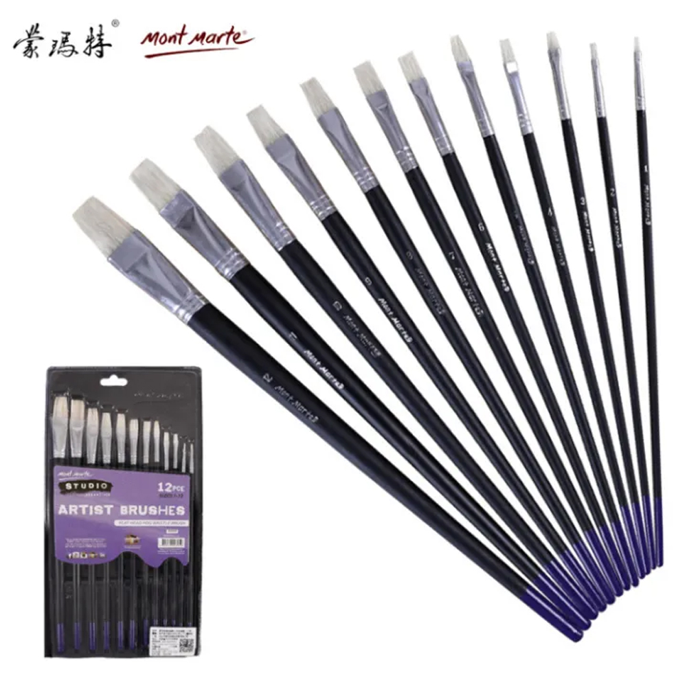 MONT MARTE 12 PCS Studio Artist Brushes Set Flat Round For Watercolour ...